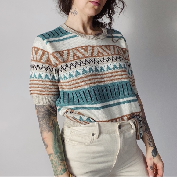 Vintage Sweaters - VINTAGE Union Made Multi Knit S/S Sweater Teal Tan